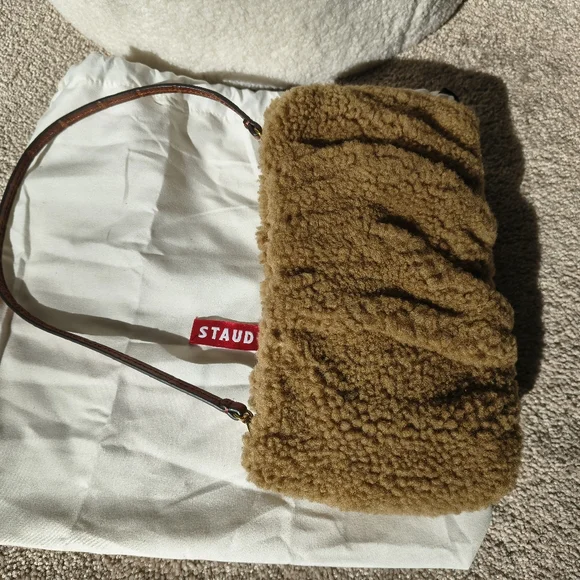 STAUD Tan Natural Bean Shearling Shoulder Bag - Picture 11 of 14